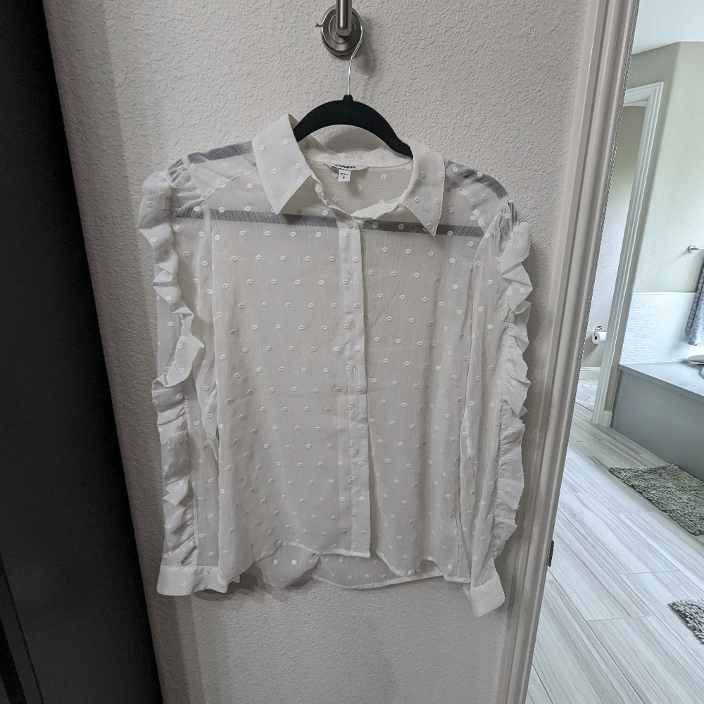 Express white polka dot blouse with ruffles